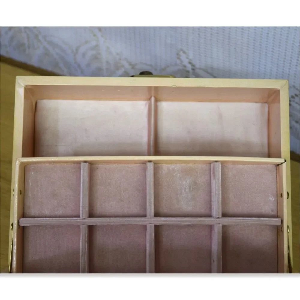 Vintage Jewelry Box Organizer Beige MCM Pink Satin Lined 2 Tier Cottage Glam